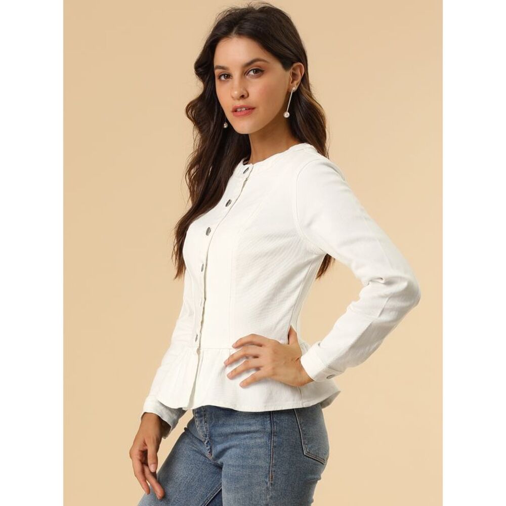 Women's Peplum Denim Jackets Collarless Round Neck White - Picture 2 of 6